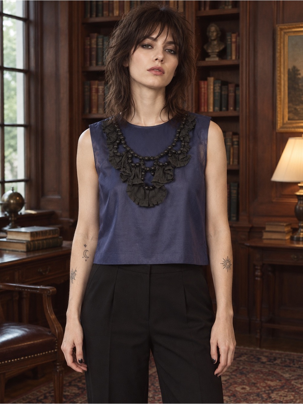 J.Crew Silk Cotton Ruffle Bib Tie Neck Navy Sleeveless Blouse 2